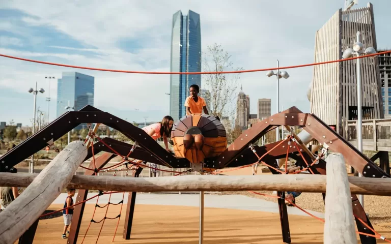 scissortail park oklahoma city local wolf spider sculpture log climber ropes nets jpg 768x480